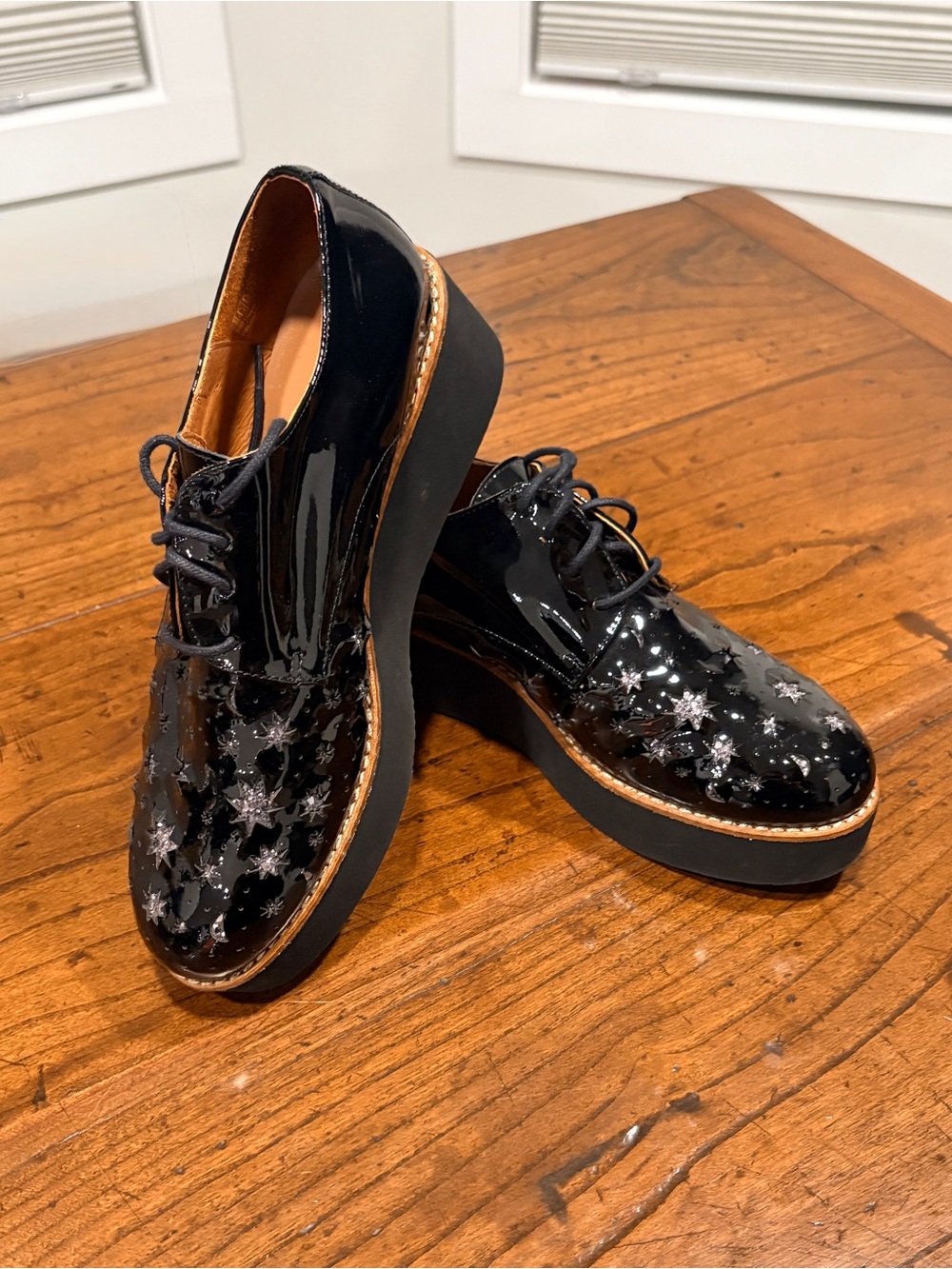 Fericelli NENSEE Platform Derby Shoes Black Patent Leather Lace Up Oxford Sz 7.5